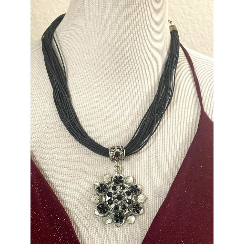 Vintage Black & Silver Flower Pendant Multi Strand Rhinestone Necklace 21"